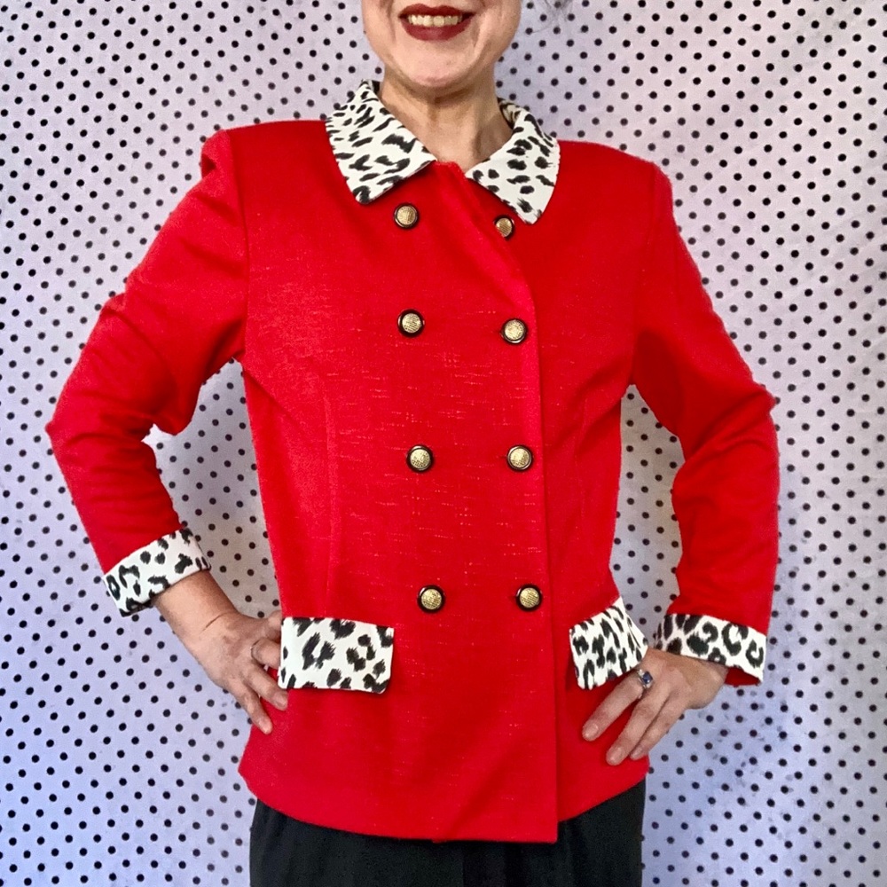 Red Vintage 80s Blazer Suit Jacket Cat Print M